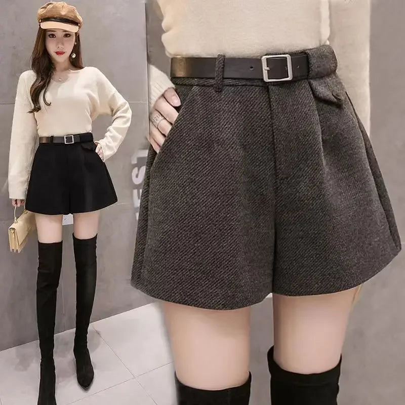Women’s High-Waist Woolen Shorts –