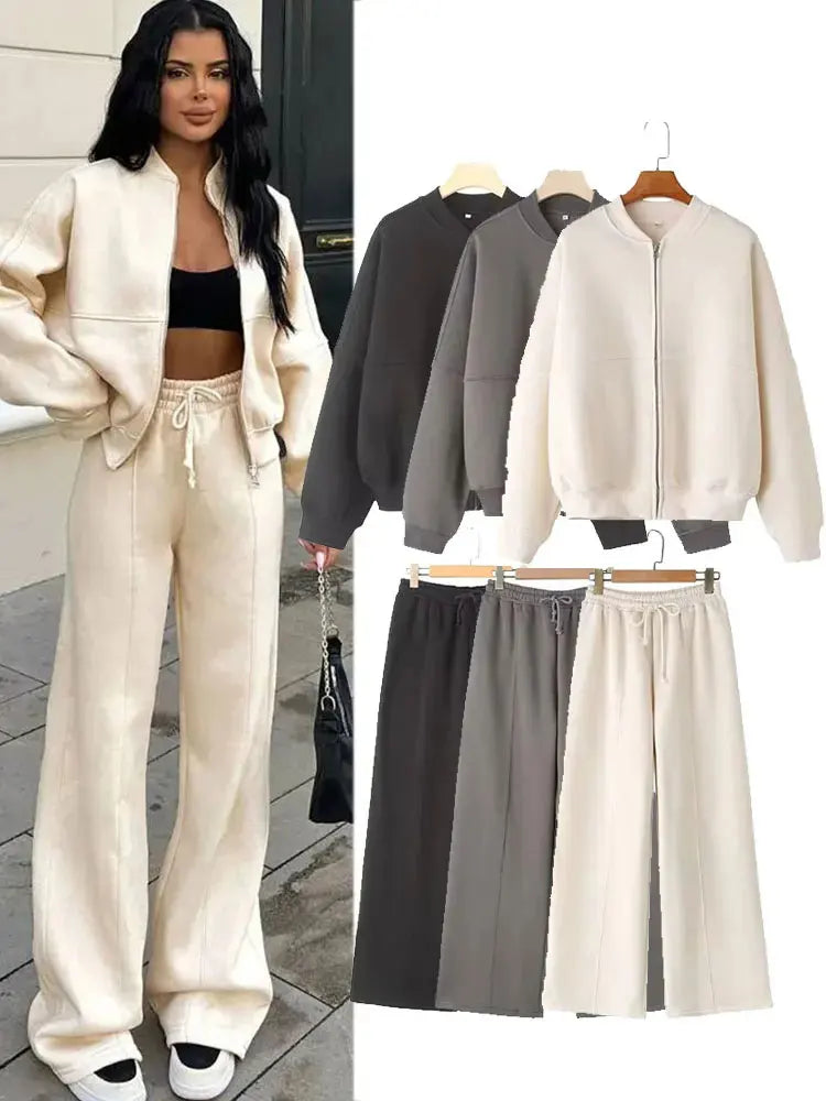 Women's Fall 2-Piece Set – Zip Bomber Jacket & Wide-Leg Pants