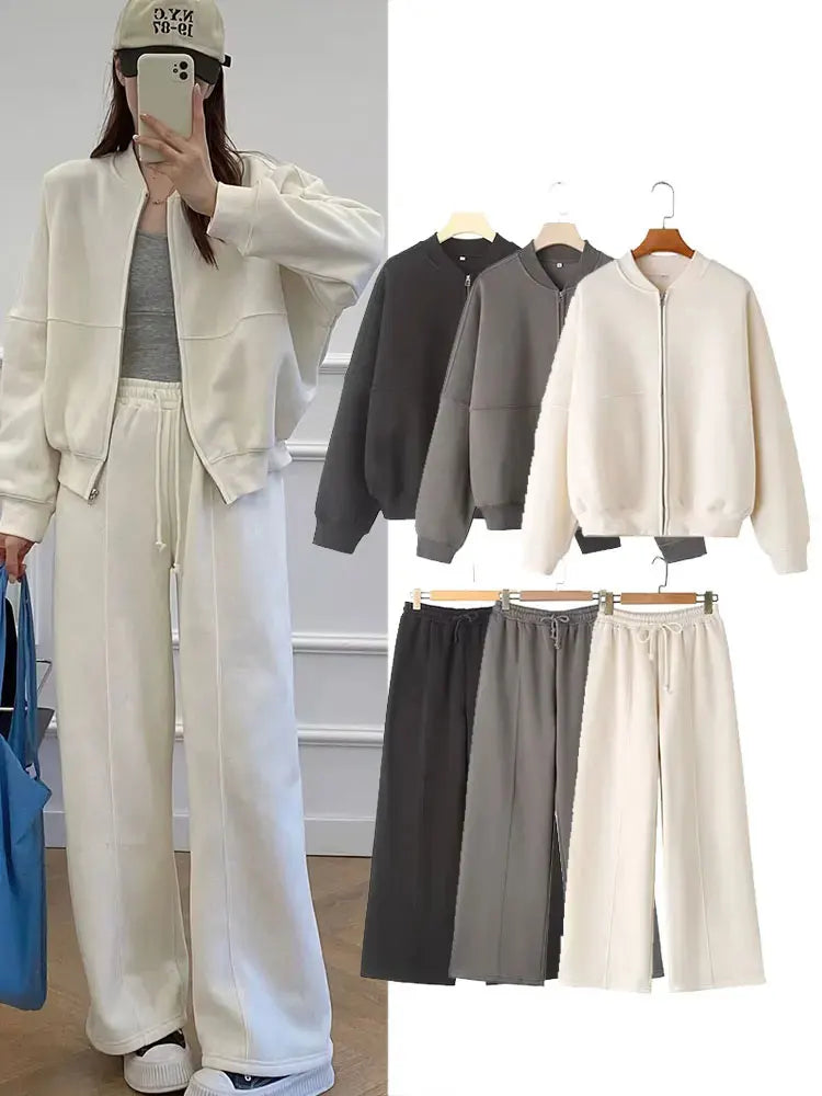 Women's Fall 2-Piece Set – Zip Bomber Jacket & Wide-Leg Pants