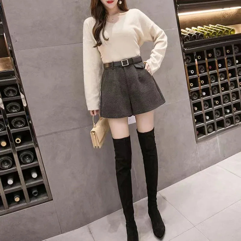 Women’s High-Waist Woolen Shorts –
